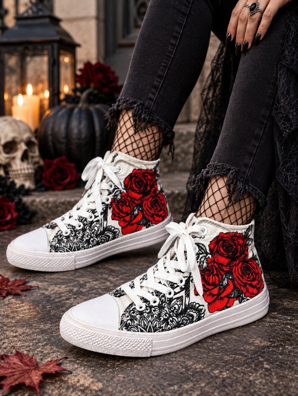 RAAD Unisex Red Rose Floral High Top Sneakers Goth Punk Tattoo Art 8.5M 10W